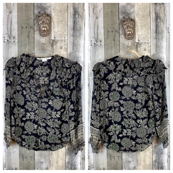 Veronica Beard Silk Ruffle Sleeve Floral Blouse in Black Green Multi Size Small. - Picture 11 of 12